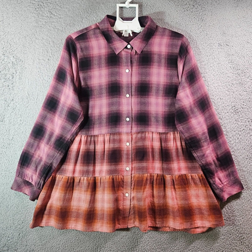 J Jill Tunic Top Shirt Women Large Petite Ruffle Hem Button Up Purple‎ Plaid